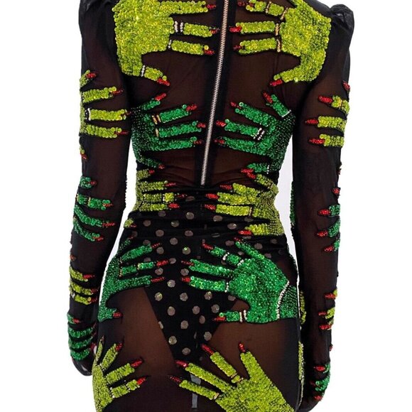 DISCOUNT UNIVERSE ELIXIR GREEN SEQUIN HANDS MINI MESH DRESS RAVE FESTIVAL PARTY - Picture 8 of 11